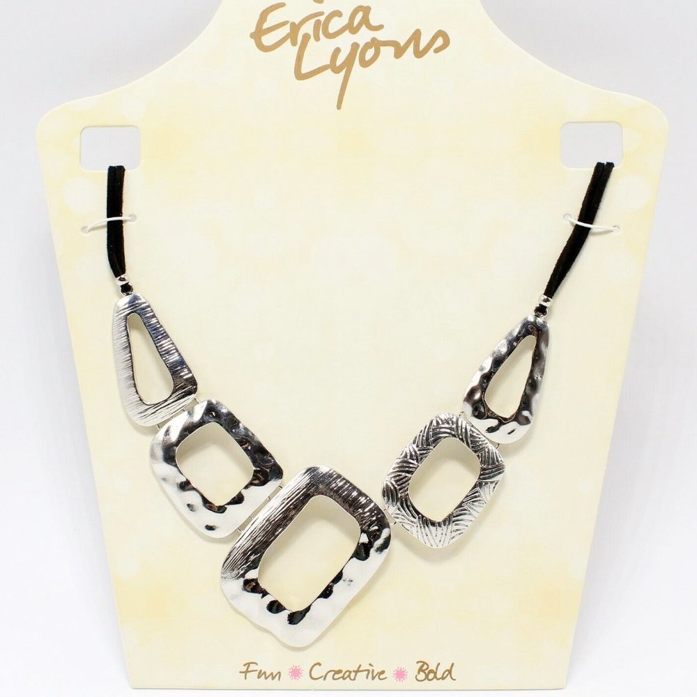 Hammered Silver Tone Necklace Bib Erica Lyons Geometric Orig $32 NWT 18"- 21"